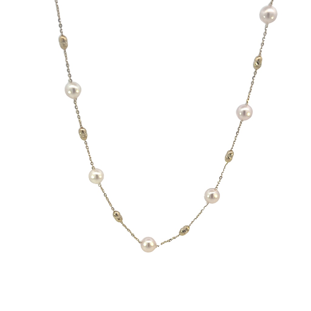 14Kt Yellow Gold Station Necklace With (17) 5x4.5mm Cultured Pearls 20"