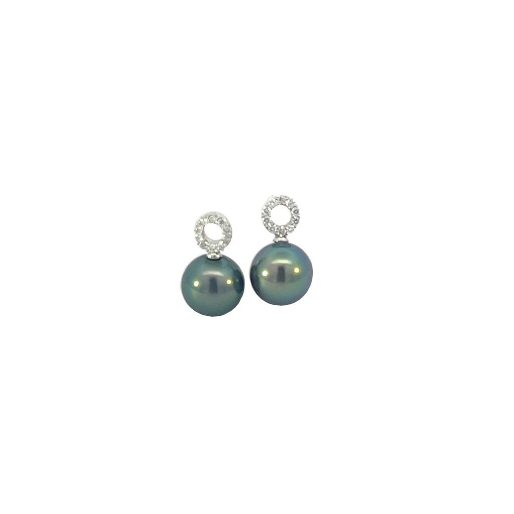 14Kt White Gold 9mm Tahitian Pearl And Diamond Dangles 0.12cttw