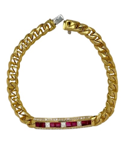 18Kt Yellow Gold Cuban Link Bracelet With A Station Of (8) Princess Cut Rubies Weighing 1.07ct And (42) Round And (3) Princess Cut Diamonds Weighing 0.83ct