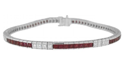 18Kt White Gold Tennis Bracelet With (56) French Cut Rubies Weighing 3.78ct And (28) Round Diamonds Weighing 0.53ct