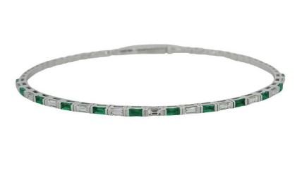 [21556] 18Kt White Gold Flex Bangle With (12) Baguette Emeralds Weighing 0.59ct And (11) Baguette Diamonds Weighing 0.58ct