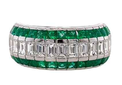 18Kt White Gold Three Row Channel Set Ring With (30) Carre Cut Emeralds Weighing 1.74ct And (15) Baguette Diamonds Weighing 1.92ct