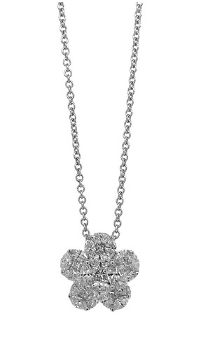 18Kt White Gold Flower Pendant Necklace With (19) Marquise Diamonds And (6) Princess Cut Diamonds Weighing 0.97cttw