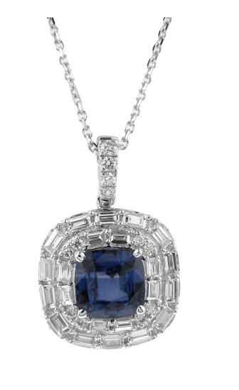 14Kt White Gold Necklace With A Cushion Cut Sapphire Weighing 1.55ct, (12) Round Diamonds Weighing 0.12ct, And (22) Baguette Diamonds Weighing 0.55ct