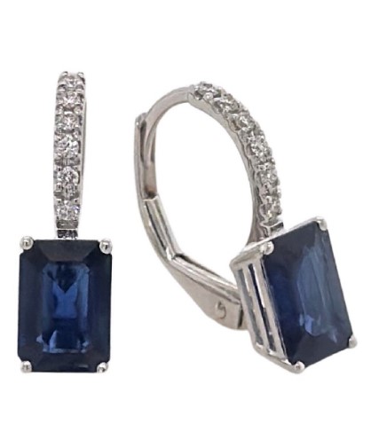 18Kt White Gold Drop Earrings With (2) Emerald Cut Sapphires Weighing 1.93ct And (12) Diamonds Weighing 0.07ct