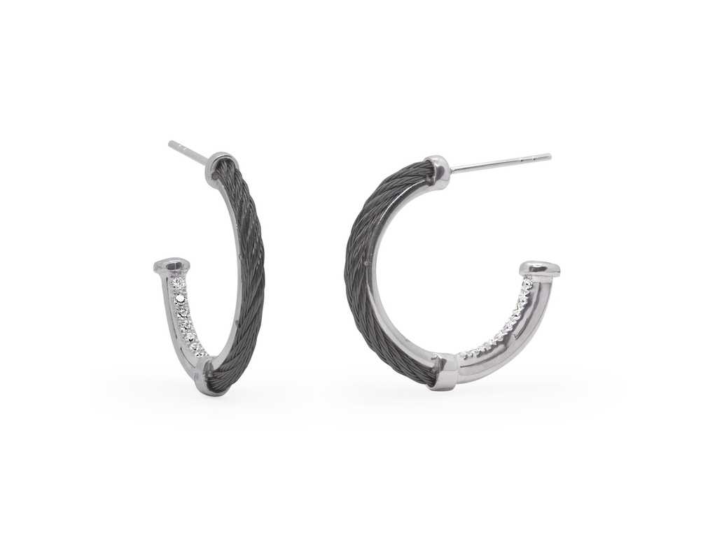 18Kt White Gold Black Nautical Cable Open Hoops With (16) Round Diamonds Weighing 0.13cttw