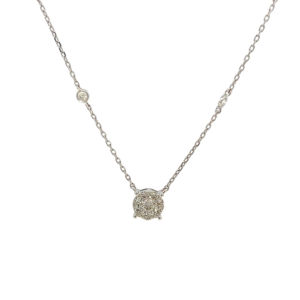 14Kt White Gold Cluster Pendant On A Diamond By The Inch Necklace With (17) Round Diamonds Weighing 0.83cttw