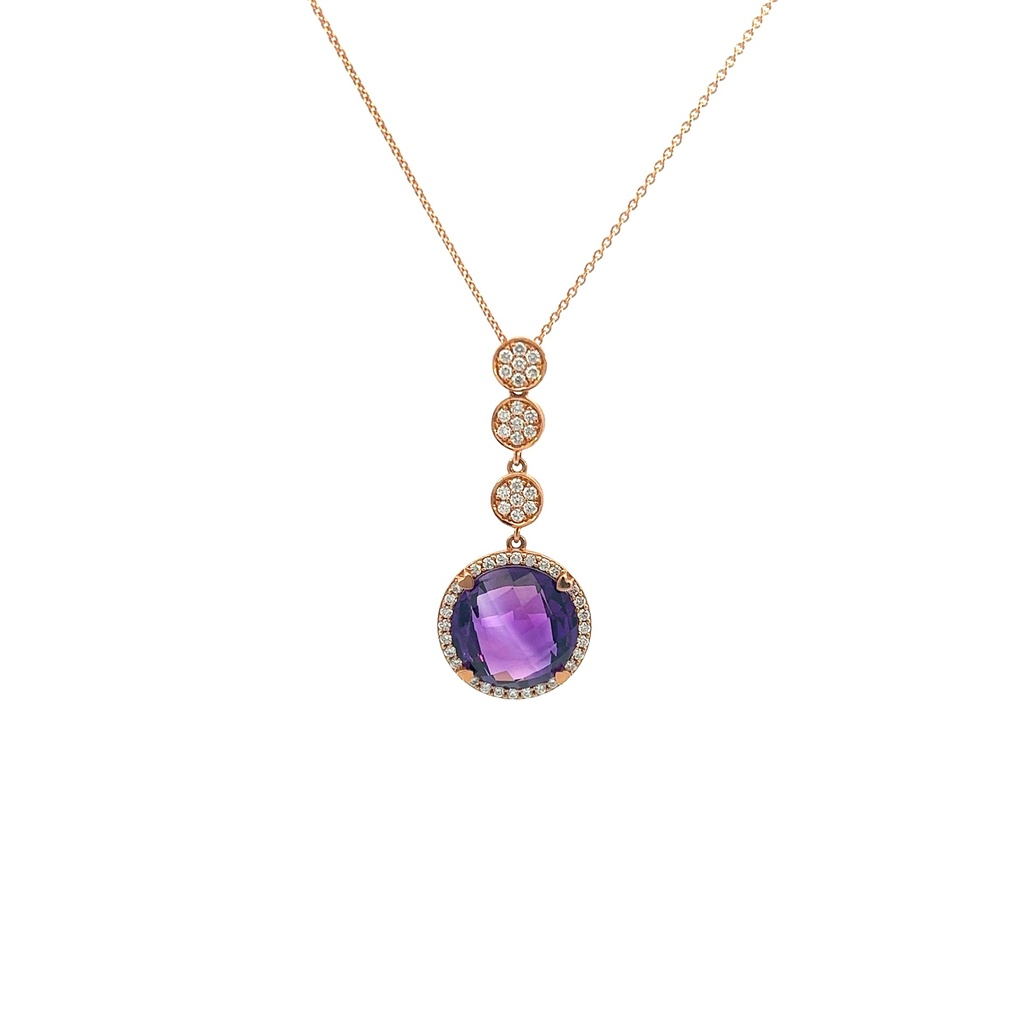 18Kt Rose Gold Four Station Drop Necklace With A Round Amethyst And Round Diamonds Weighing 0.48cttw