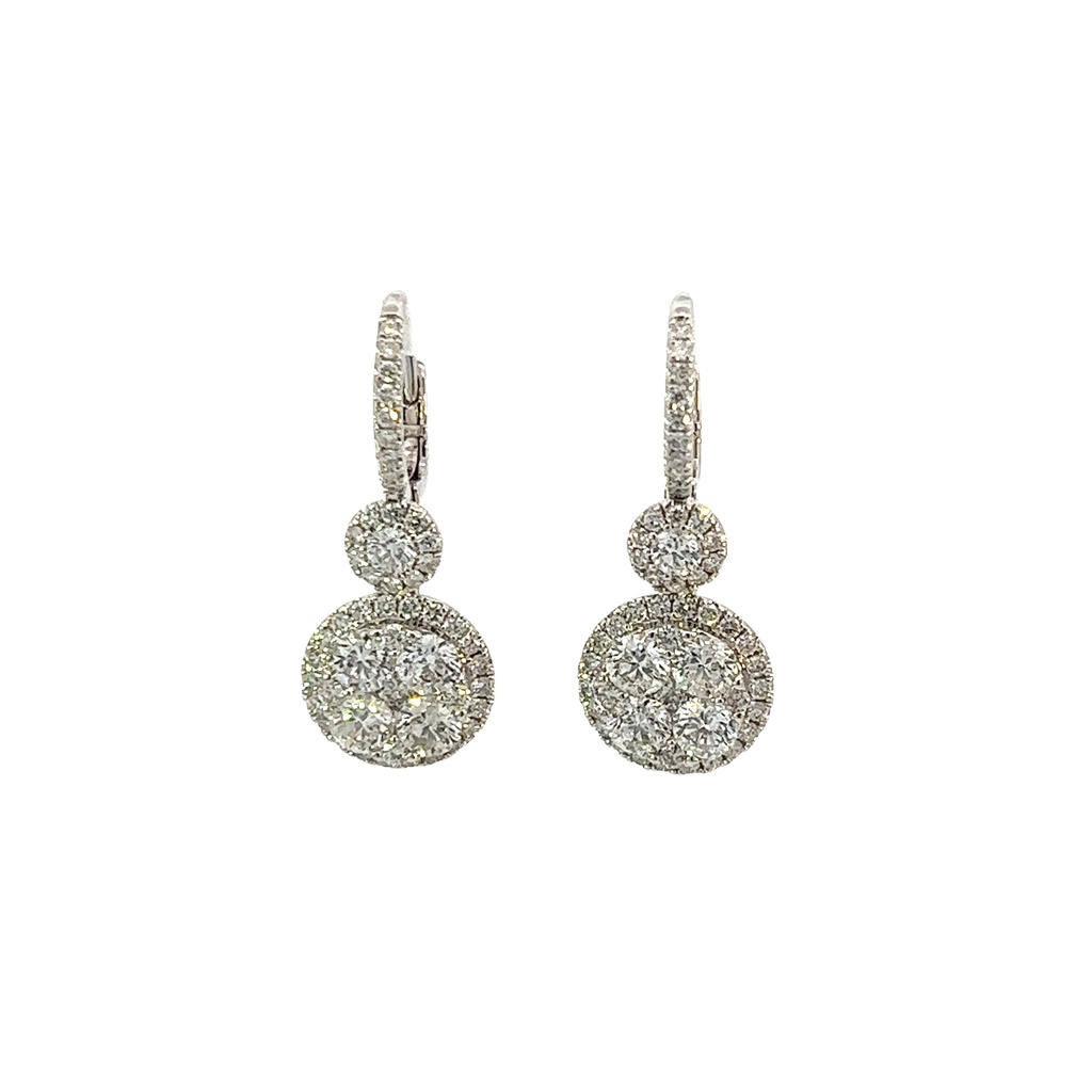 14Kt White Gold Halo Style Dangle Earrings With (102) Round Diamonds Weighing 3.21cttw