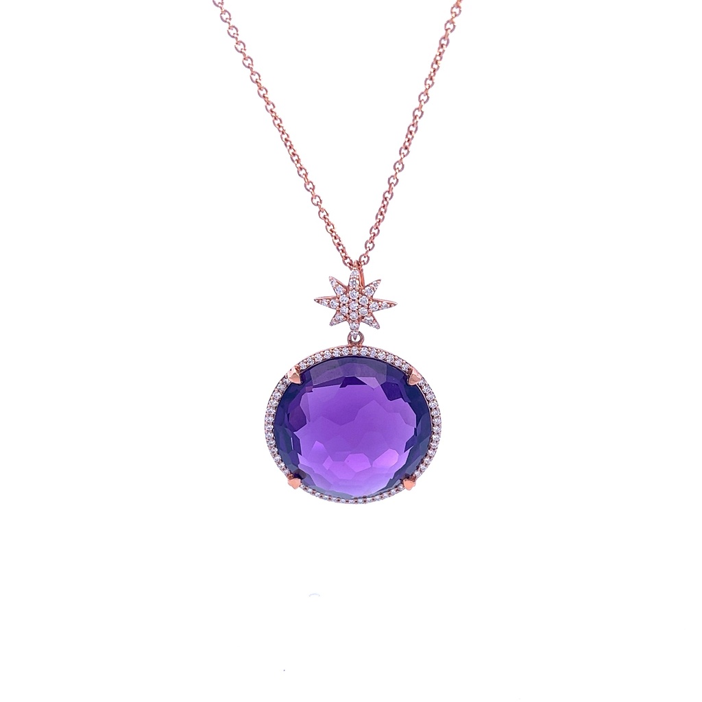 18Kt Rose Gold North Star Necklace With An 20mm Round Amethyst And Round Diamonds Weighing 0.38cttw