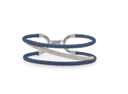 18Kt Rose Gold Blueberry Nautical Cable Slanted Bracelet With (59) Round Diamonds Weighing 0.49cttw