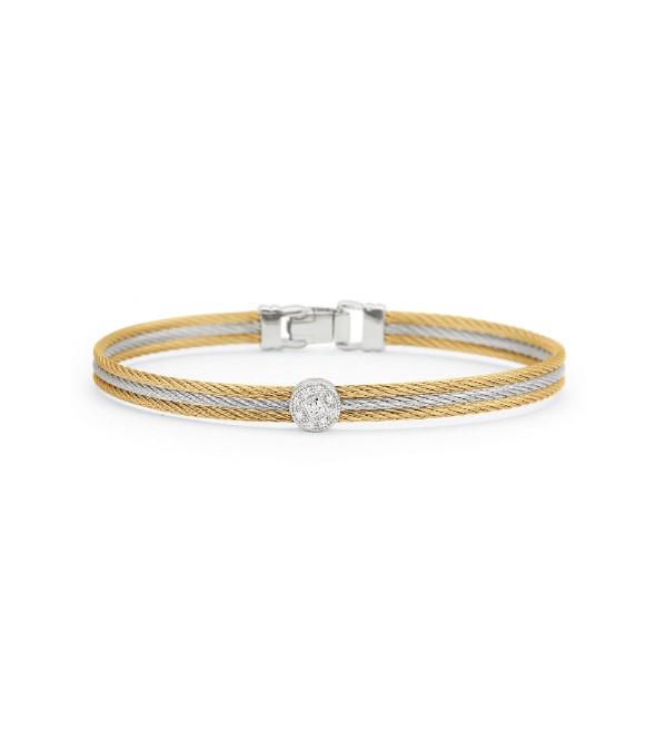 [04-43-S812-11] 18Kt White Gold Yellow And Grey Nautical Cable Single Circle Station Bracelet With (9) Round Diamonds Weighing 0.05cttw