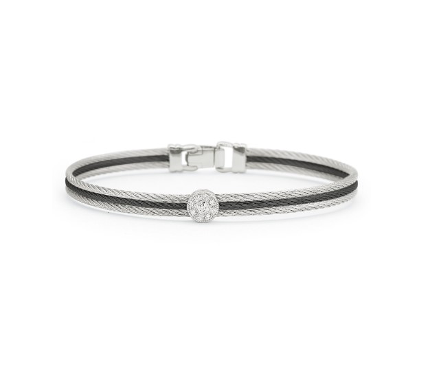 18Kt White Gold Grey And Black Nautical Cable Single Circle Station Bracelet With (9) Round Diamonds Weighing 0.05cttw