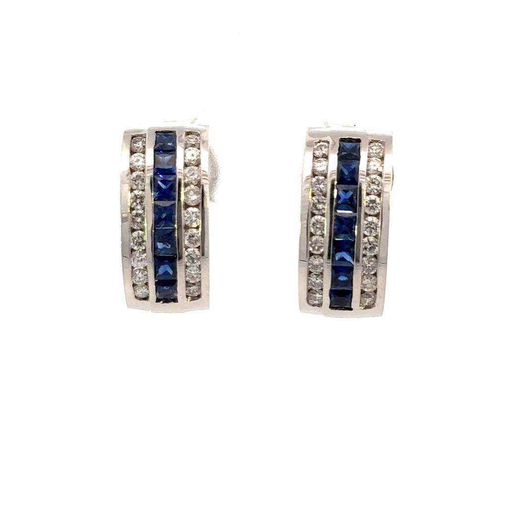 14Kt White Gold Three Row Drop Earrings With (14) Princess Cut Sapphires Weighing 1.50ct And (36) Round Diamonds Weighing 1.08ct