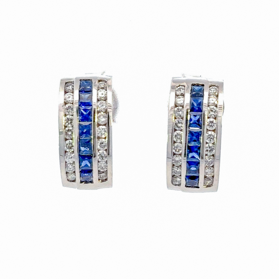 14Kt White Gold Three Row Drop Earrings With (14) Princess Cut Sapphires Weighing 1.50ct And (36) Round Diamonds Weighing 1.08ct