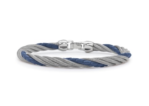 Men's Stainless Steel Grey Nautical Cable And Blue Leather Twisted Bracelet