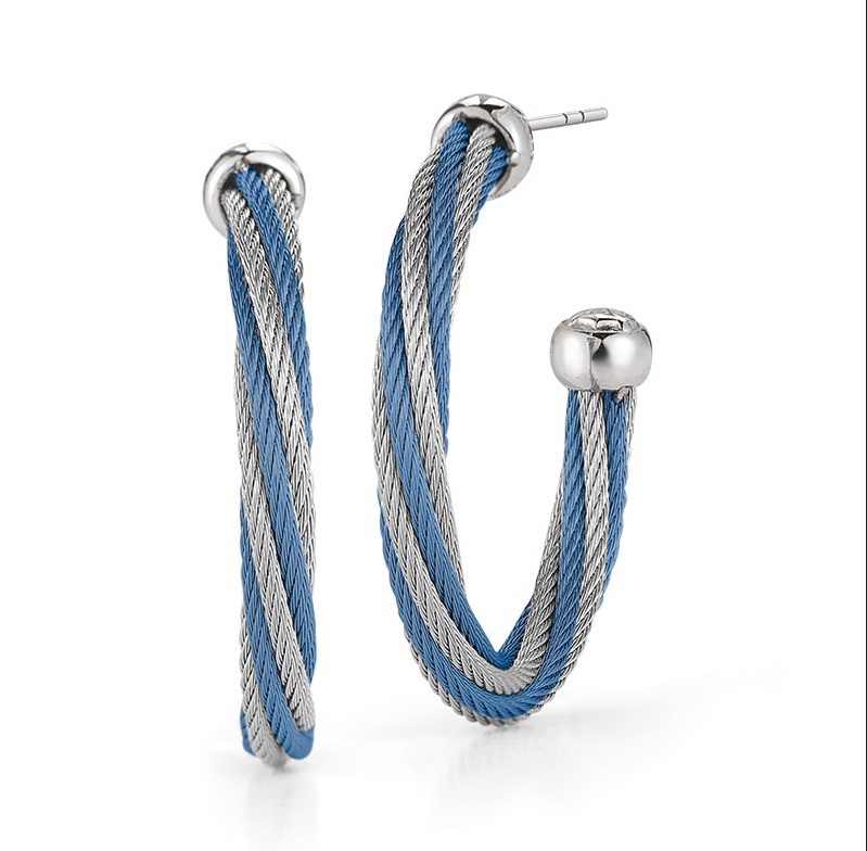 18Kt White Gold Island Blue And Grey Nautical Cable Twisted Hoop Earrings