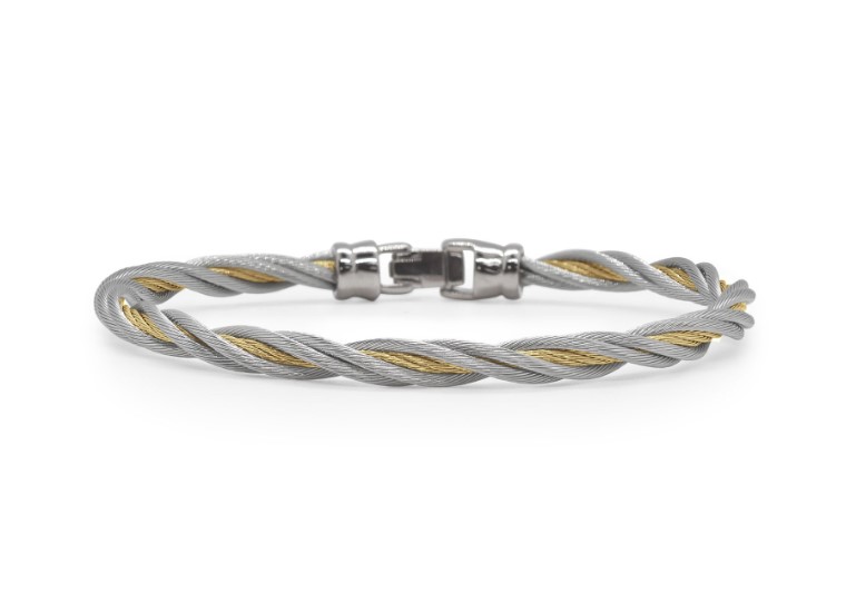 Stainless Steel Grey And Yellow Nautical Cable Twisted Bangle Bracelet
