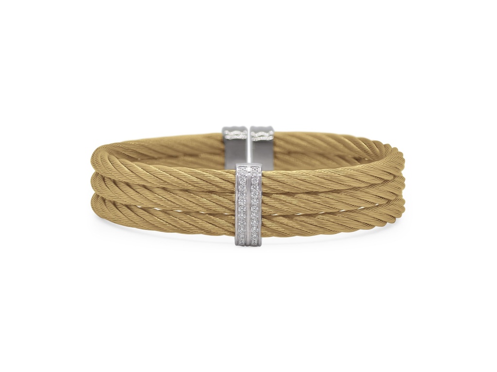 18Kt White Gold Yellow Twisted Nautical Cable Three Row Cuff Bracelet With (22) Round Diamonds Weighing 0.18cttw