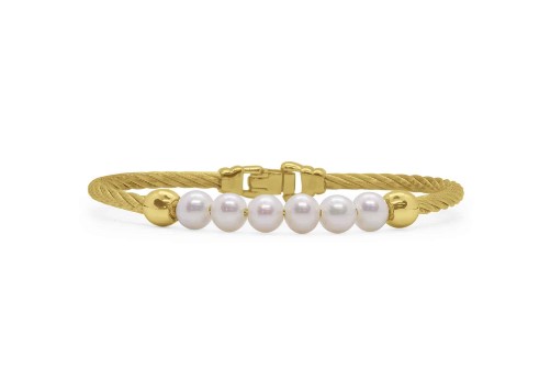 Stainless Steel Yellow Nautical Cable Bracelet With (6) Freshwater Pearls