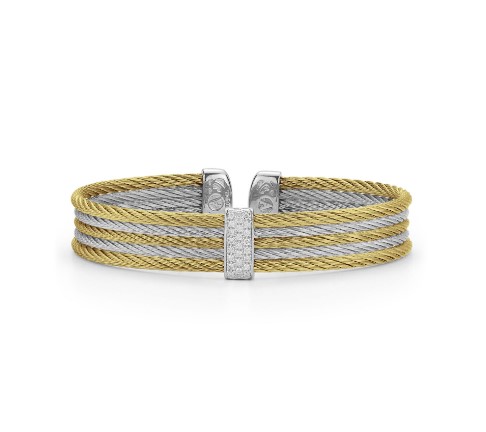 18Kt White Gold Yellow And Grey Nautical Cable Cuff Bracelet With (23) Round Diamonds Weighing 0.19cttw