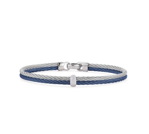 18Kt White Gold Blueberry And Grey Nautical Cable Two Row Bracelet With A Station Of (10) Round Diamonds Weighing 0.08cttw