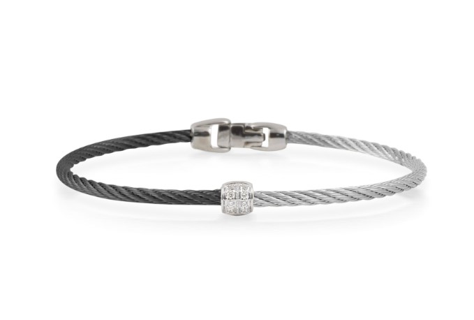 18Kt White Gold Black And Grey Nautical Cable Single Barrel Station Bracelet With (8) Round Diamonds Weighing 0.07cttw