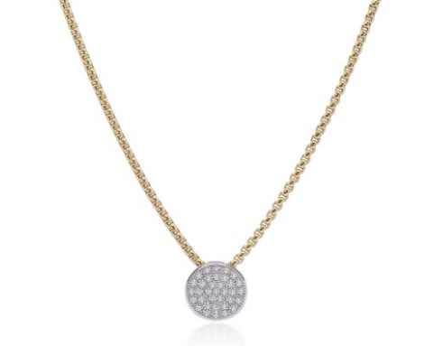 14Kt White Gold Disc Pendant With 35 Round Diamonds Weighing 0.29cttw On A Yellow Chain 16.5-18.5"