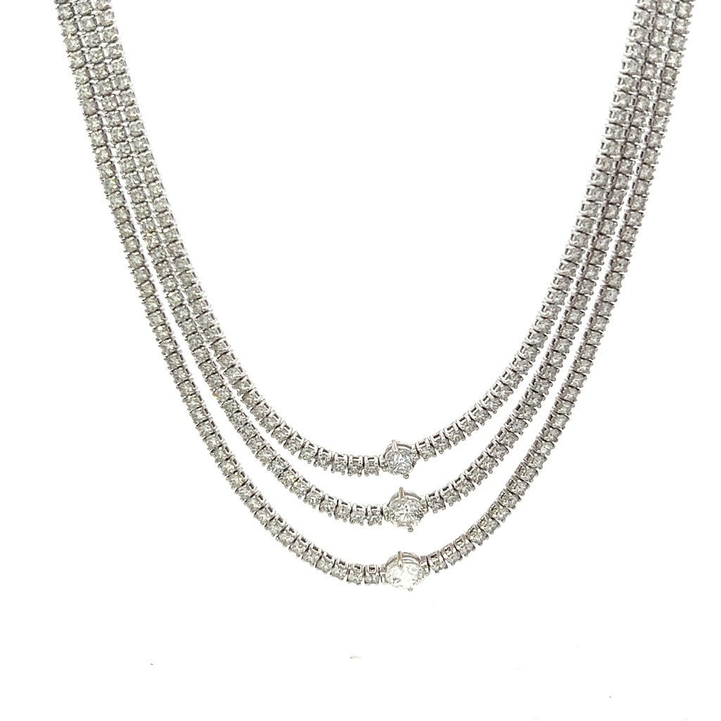 18Kt White Gold Three Row Drop Necklace With (368) Round Diamonds Weighing 13.18cttw
