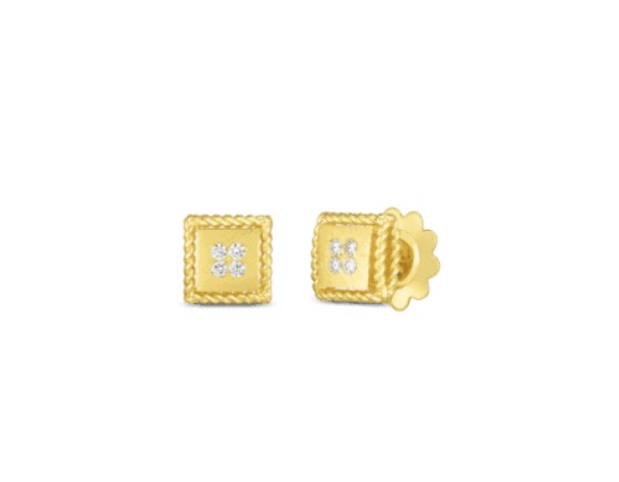 18Kt Yellow Gold Palazzo Ducale Studs With (8) Round Diamonds Weighing 0.09cttw