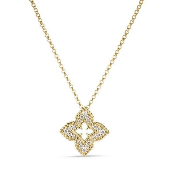 18Kt Yellow Gold Venetian Princess Flower Necklace With (20) Round Diamonds Weighing 0.15cttw