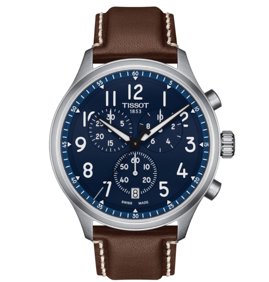 45mm Chrono XL Quartz Movement Blue Dial Watch With A Brown Leather Strap