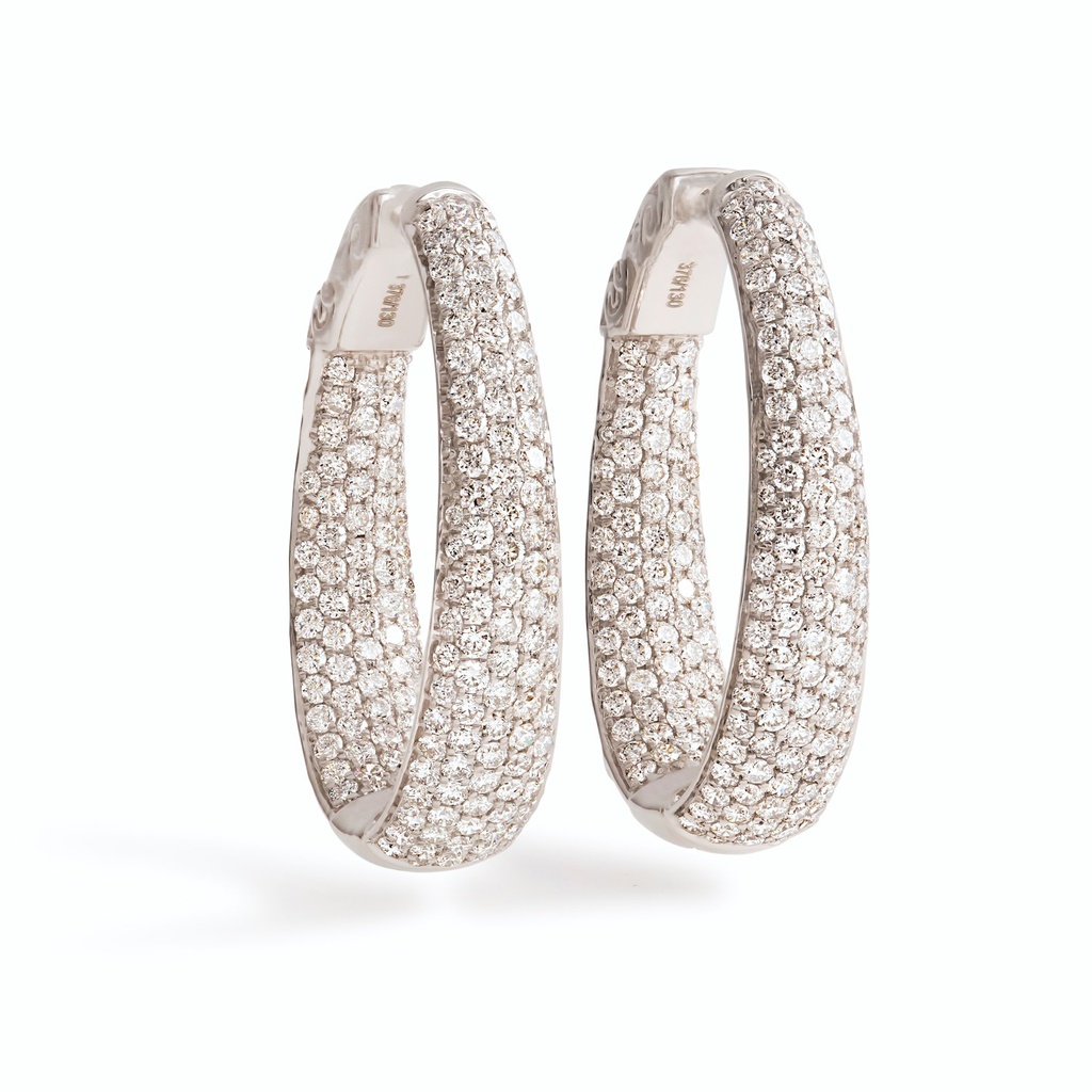 14Kt White Gold Pave Oblong Hoops With (330) Round Diamonds Weighing 5.75cttw