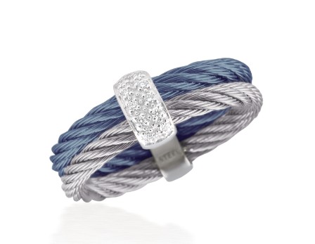 18Kt White Gold Grey And Island Blue Nautical Cable Two Row Ring With (10) Round Diamonds Weighing 0.05cttw