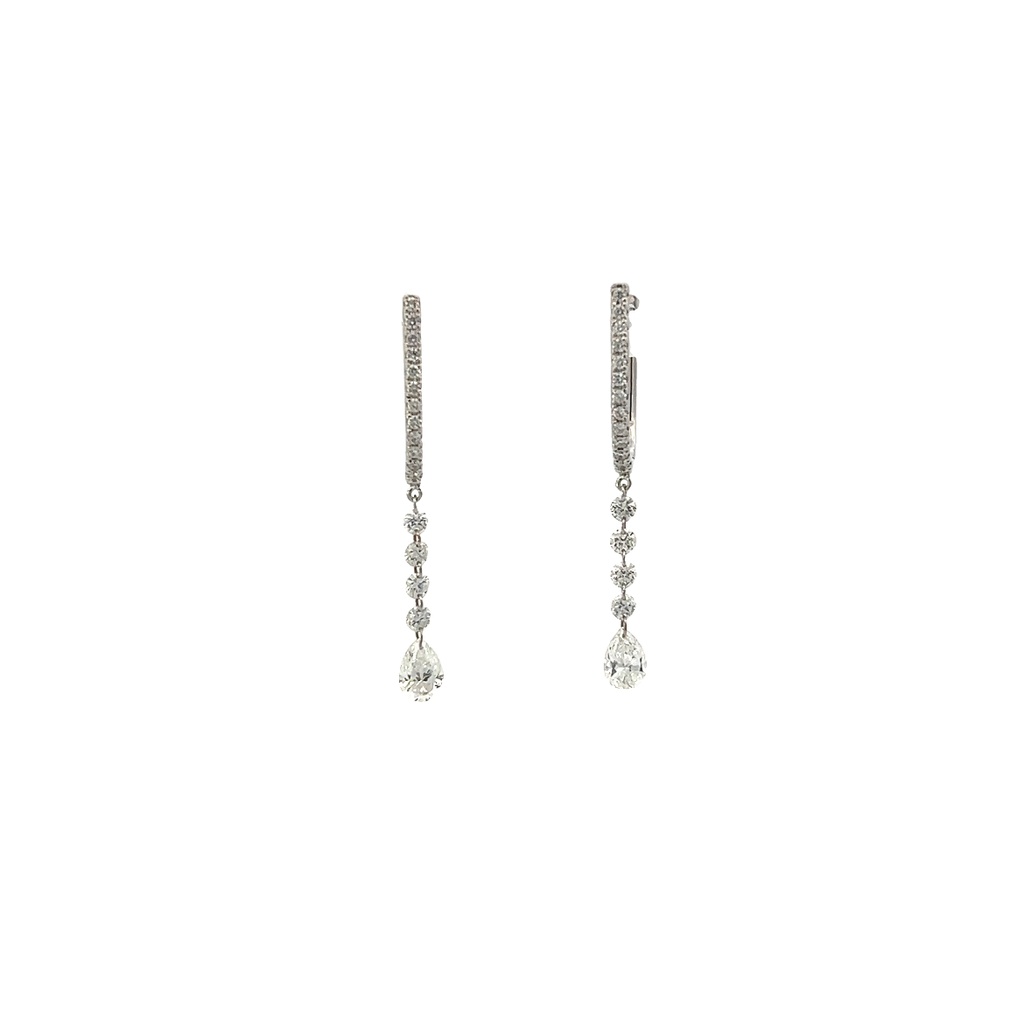 18Kt White Gold Dangle Earrings With (32) Round Diamonds Weighing 0.60ct And (2) Pear Shaped Diamonds Weighing 0.60ct