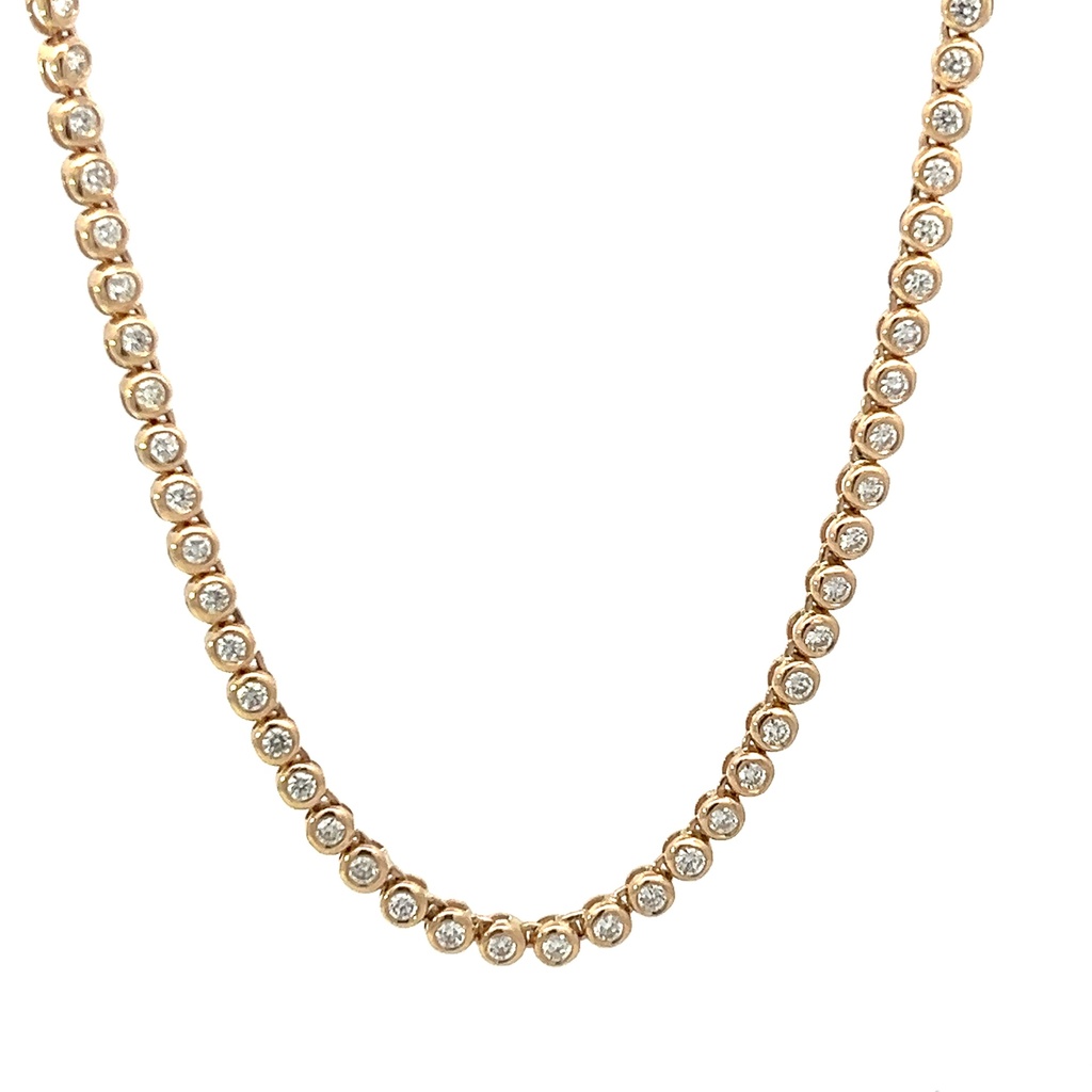 18Kt Yellow Gold Bezel Set Tennis Necklace With (120) Round Diamonds Weighing 4.06cttw