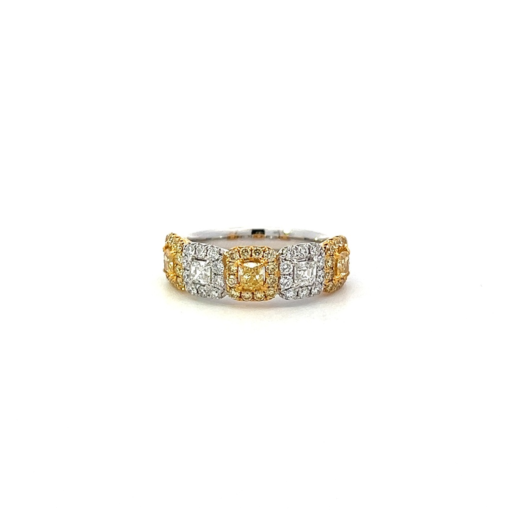 18Kt Two Toned Halo Style Ring With (3) Asscher Cut Yellow Diamonds Weighing 0.52ct, (2) Asscher Cut Diamonds Weighing 0.25ct, (36) Yellow Round Diamonds Weighing 0.38ct, And (20) Round Diamonds Weighing 0.30ct