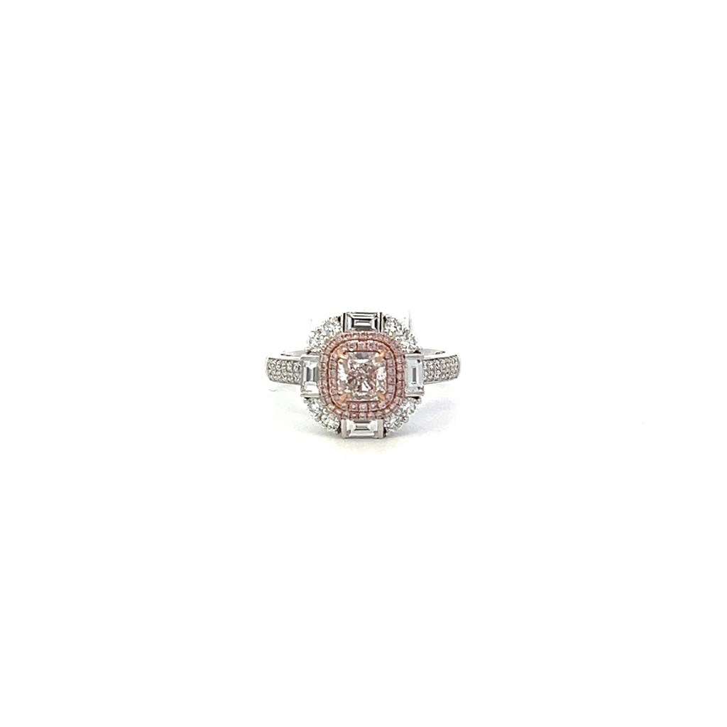 18Kt Two Toned Halo Style Ring With A Center Light Pink Cushion Cut Diamond Weighing 0.60ct, (99) Round Diamonds Weighing 0.57ct, And (4) Baguette Diamonds Weighing 0.33ct