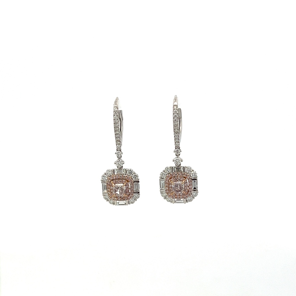 18Kt Two Toned Halo Dangle Earrings With (2) Pink Cushion Cut Diamonds Weighing 0.58ct, (122) Round Diamonds Weighing 1.03ct, And (8) Baguette Diamonds Weighing 0.44ct