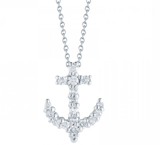 18Kt White Gold Tiny Treasures Anchor Pendant Necklace With (17) Round Diamonds Weighing 0.15cttw