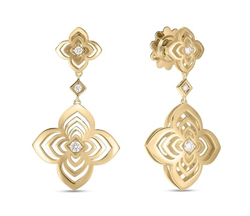 18Kt Yellow Gold Palazzo Ducale Drop Earrings With (6) Round Diamonds Weighing 0.15cttw