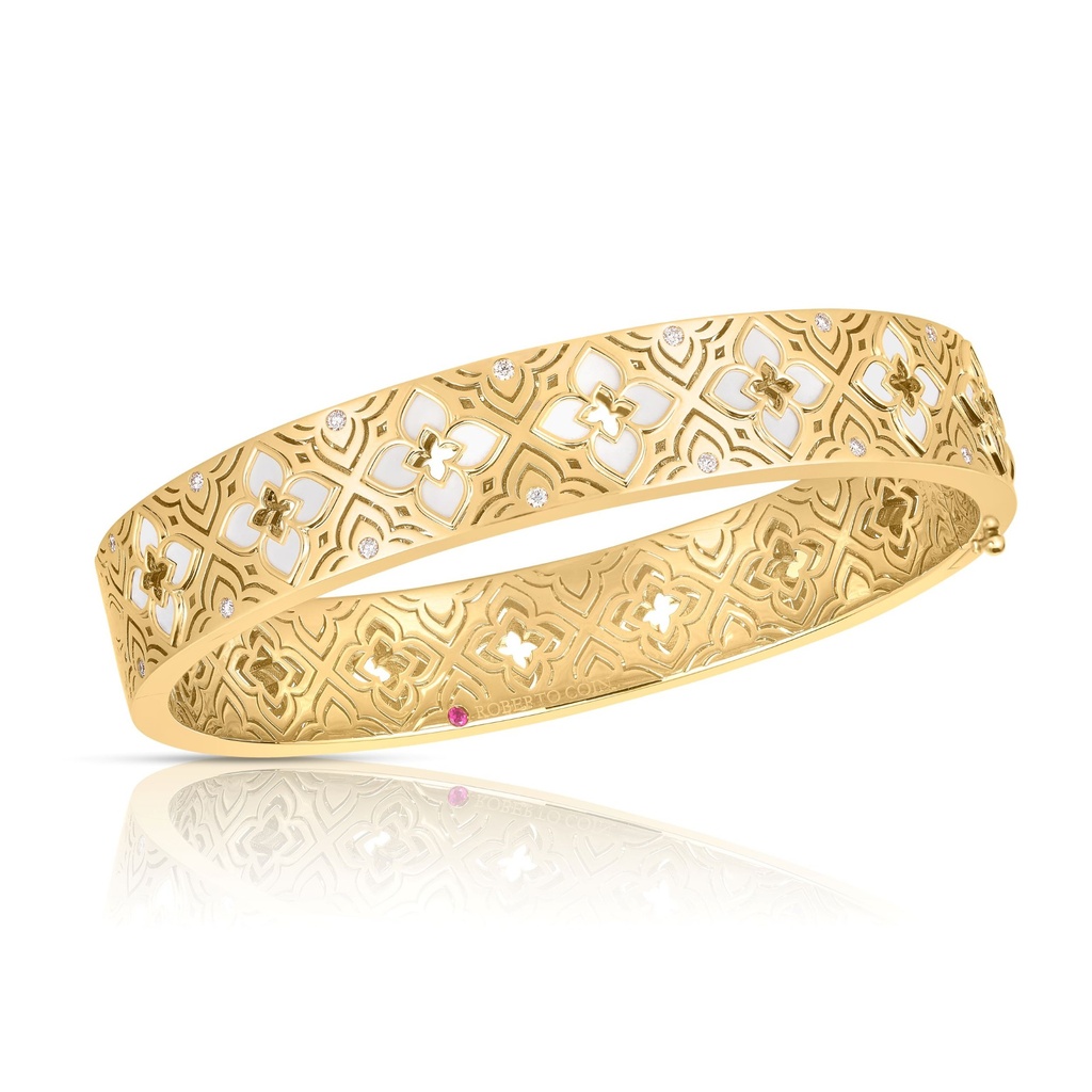 18Kt Yellow Gold Venetian Princess White Enamel Bangle With (16) Round Diamonds Weighing 0.10cttw