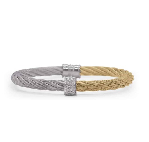 18Kt White Gold Yellow And Grey Nautical Cable Cuff Bracelet With (16) Round Diamonds Weighing 0.13cttw