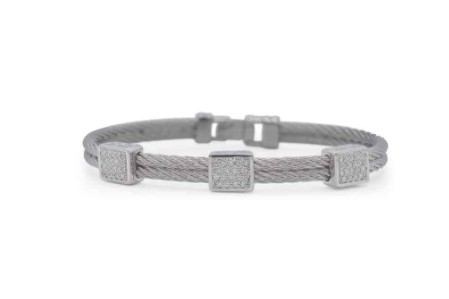 18Kt White Gold Grey Nautical Cable Three Square Station Bracelet With (54) Round Diamonds Weighing 0.45cttw