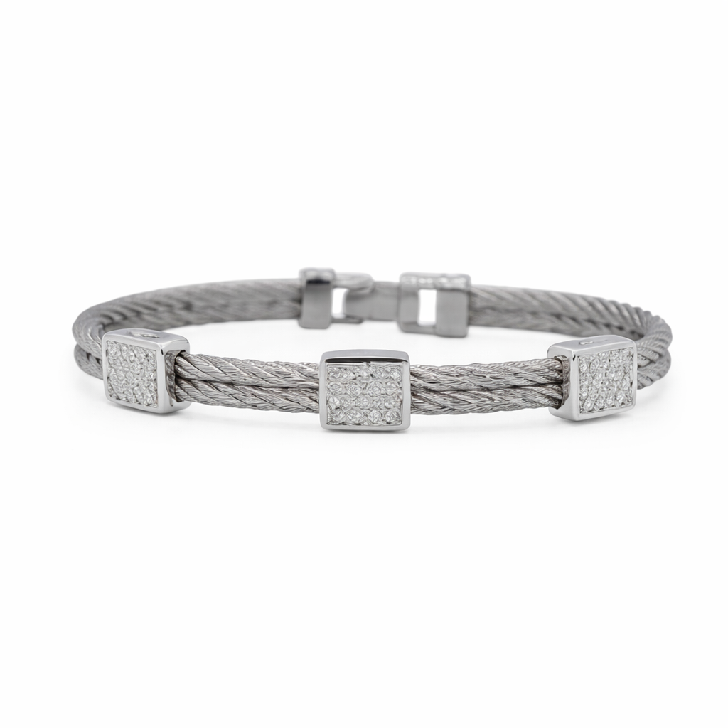 18Kt White Gold Grey Nautical Cable Three Square Station Bracelet With (54) Round Diamonds Weighing 0.45cttw