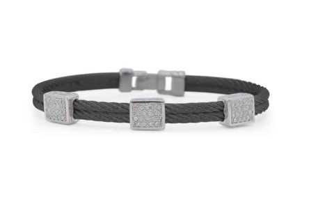18Kt White Gold Black Nautical Cable Three Square Station Bracelet With (54) Round Diamonds Weighing 0.45cttw