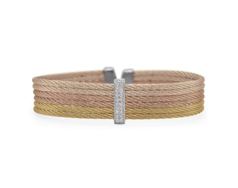 18Kt White Gold Yellow And Carnation Nautical Cable Cuff Bracelet With (24) Round Diamonds Weighing 0.11cttw