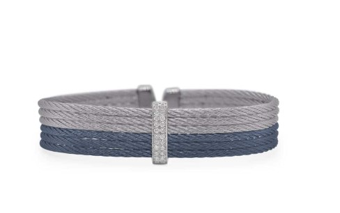 [04-49-5632-11] 18Kt White Gold Blueberry And Grey Nautical Cable Cuff With (24) Round Diamonds Weighing 0.11cttw