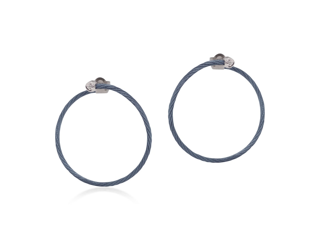 18Kt White Gold Blueberry Nautical Cable Circle Earrings With (2) Round Diamonds Weighing 0.02cttw