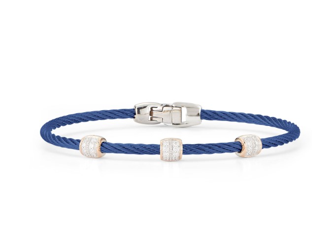 18Kt Rose Gold Blueberry Nautical Cable Triple Barrel Bracelet With (24) Round Diamonds Weighing 0.21cttw